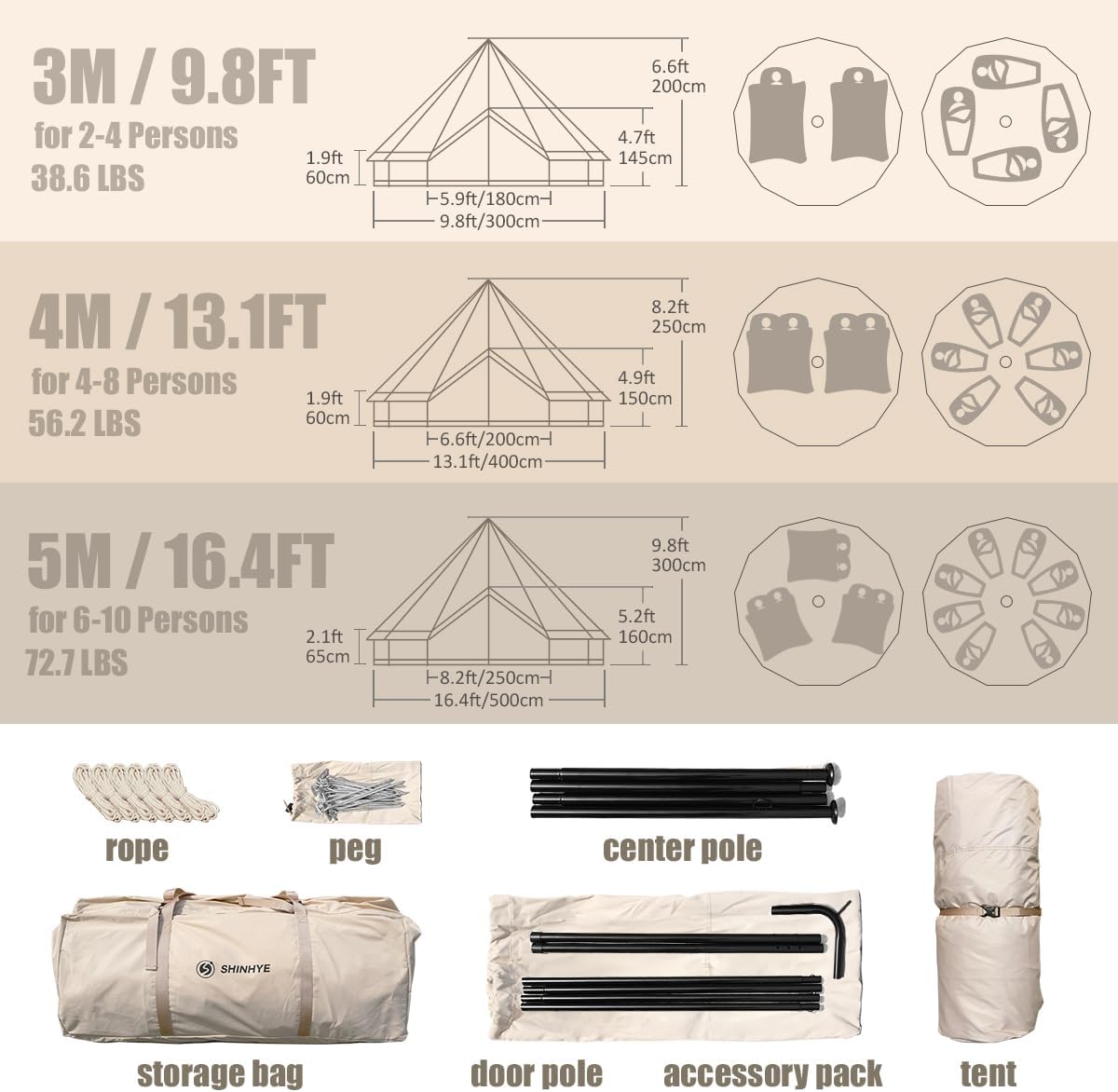 ShinHye Glockentent 3 m/4 m/5 m, glamping tent voor 3-8 personen, waterdicht, yurtentent voor outdoor, camping, familietent, zeildoektent met kookplaatbussen