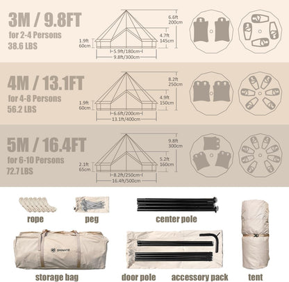 ShinHye Glockentent 3 m/4 m/5 m, glamping tent voor 3-8 personen, waterdicht, yurtentent voor outdoor, camping, familietent, zeildoektent met kookplaatbussen