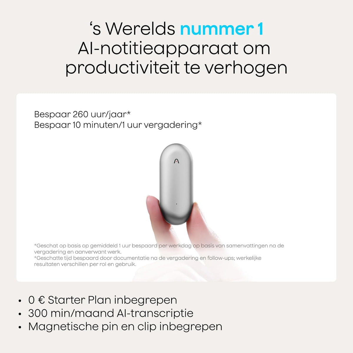 Plaud NotePin AI-spraakrecorder, app-bediening, AI-notitieapparaat, AI-transcriptie en samenvatting, ondersteunt 112 talen, 64GB geheugen, audiorecorder voor colleges, vergaderingen, Lunar zilver