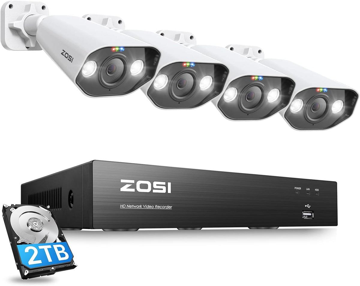 ZOSI 4K PoE Bewakingscamera Set met 8CH 2TB HDD NVR en 4X 8MP Outdoor PoE IP-Camera, Personenherkenning, Kleur Nachtzicht, Schijnwerper Buiten Smart Videobewakingssysteem
