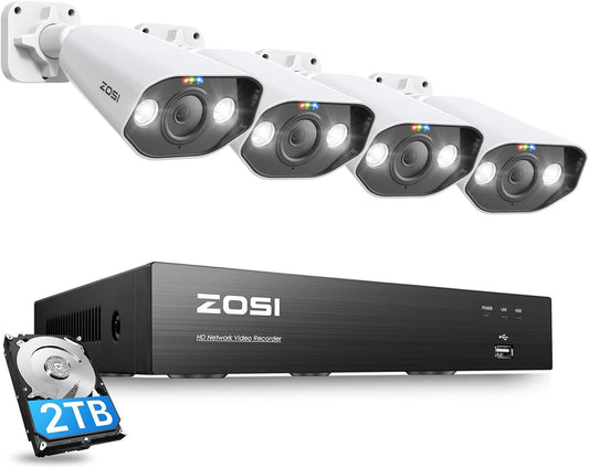 ZOSI 4K PoE Bewakingscamera Set met 8CH 2TB HDD NVR en 4X 8MP Outdoor PoE IP-Camera, Personenherkenning, Kleur Nachtzicht, Schijnwerper Buiten Smart Videobewakingssysteem