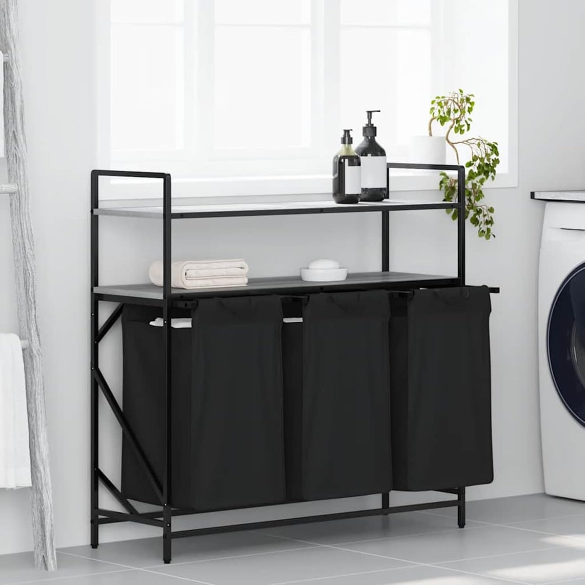 Wasmand – Wasbak – Wasrek – Wasopvang – Wascontainer – 3 Compartimenten – Stalen Frame Met Houten Planken