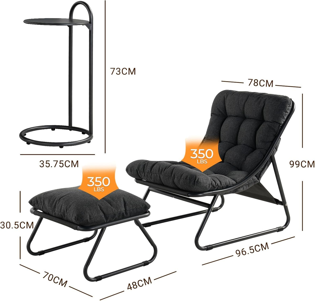Grand patio Garden Lounger Garden Chair with Side Table and Footstool, Armchair with Removable Cushion for Adults, Sun Lounger for Patio, Living Room, Outdoor, Dark Grey - QUORE