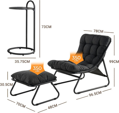 Grand patio Garden Lounger Garden Chair with Side Table and Footstool, Armchair with Removable Cushion for Adults, Sun Lounger for Patio, Living Room, Outdoor, Dark Grey - QUORE
