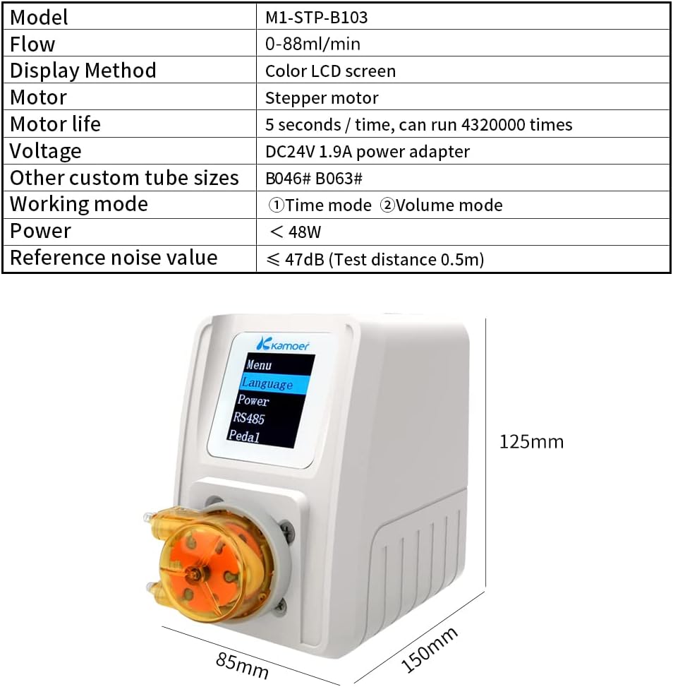Kamoer M1-STP Intelligente peristaltische Pomp 24V Stepper Motor Verstelbare programmeerbare Lage Flow Vloeibare Doseerpomp met Controle voor Laboratorium Aquarium 0-88ml/min
