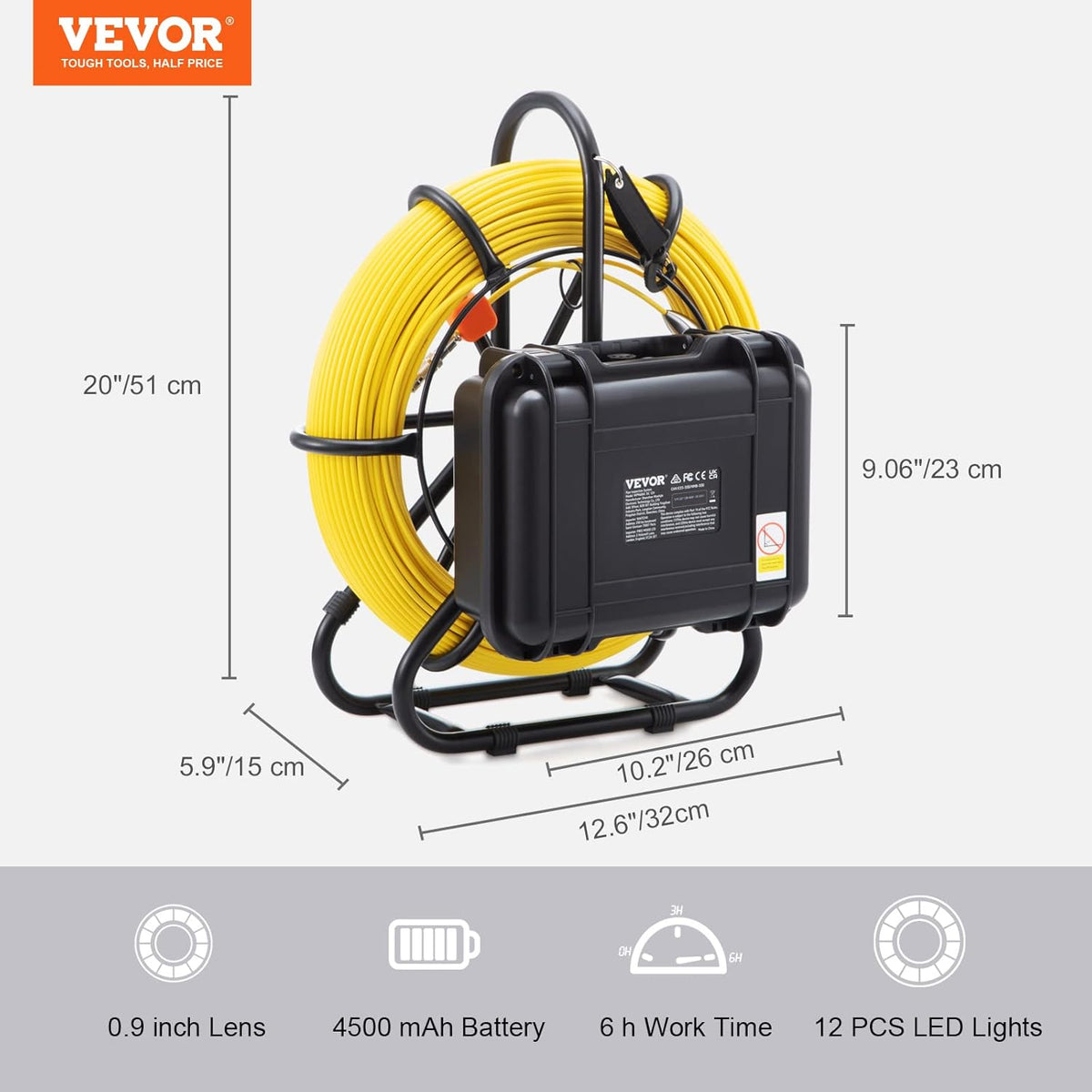 VEVOR Inspectiecamera, 120 m, 720 p, kanaalcamera, 130 graden, endoscoopcamera, 12 V, 4500 mAh, lithium-accu, 6 uur, buisinspectiecamera, IP68, voor afvalwaterkanalen, afvalwatersystemen, afvoeren