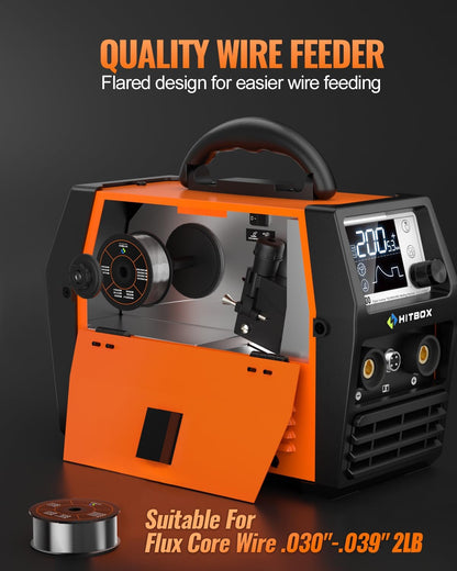 HITBOX Gasloos Flux Cored Lasapparaat, 200A 230V, 4-in-1 MIG/MMA/ARC/Lift TIG/Spool Gun Lasser (HIM200)