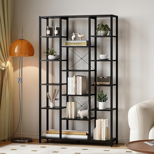 Hzuaneri Bookshelf, 6 Tier Bookcase with 15 Open Shelves, Adjustable Storage Cabinet for Living Room and Home Office, 30 x 100 x 170 cm, Black with Wood Grain BC15004B