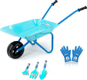Kruiwagen - Kruiwagen voor Kinderen - 5 Stuks - Tuinset - met Schop - Hark - Vork - Kinderhandschoenen - Lichtgewicht - Gemakkelijke Assemblage - Duurzaam - Metaal - 73.6 x 35.5 x 43 cm - Blauw
