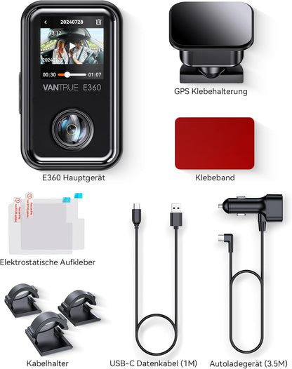 VANTRUE E360 tweekanaals 5.2K panoramische rijrecorder auto achter WiFi, dubbel STARVIS 2 HDR nachtzicht, GPS, bufferparkeermodus, maximaal 512 GB