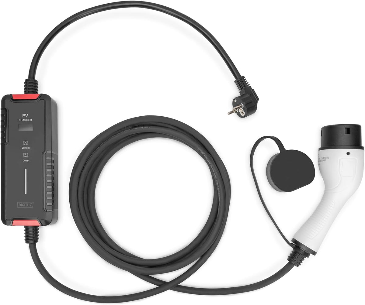 DIGITUS Lader voor elektrische voertuigen - 1-fase - regelbaar laadvermogen max. 3,7 kW - type 2 stekker - 5 m laadkabel - mode 2 - LCD-display - Zwart