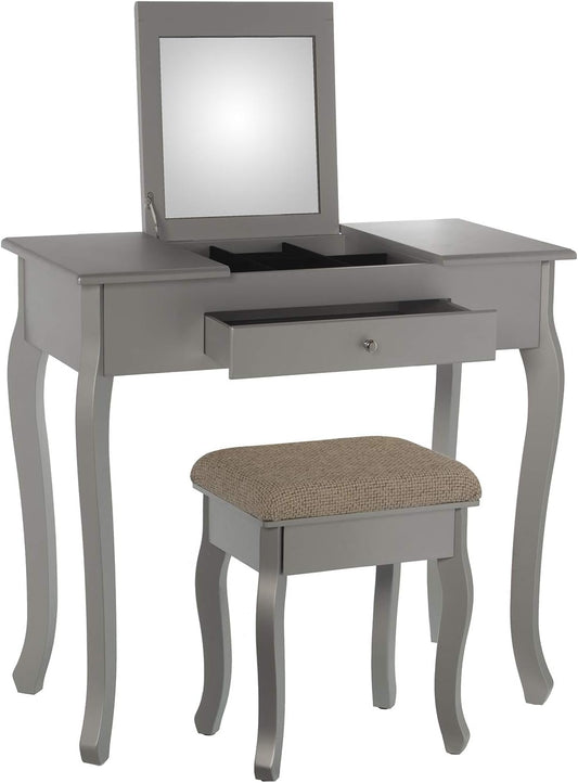DRW Make-uptafel met 1 lade en spiegel en bank van hout, 80 x 40 x 74 cm, bank 36,5 x 29 x 46 cm (zilver)