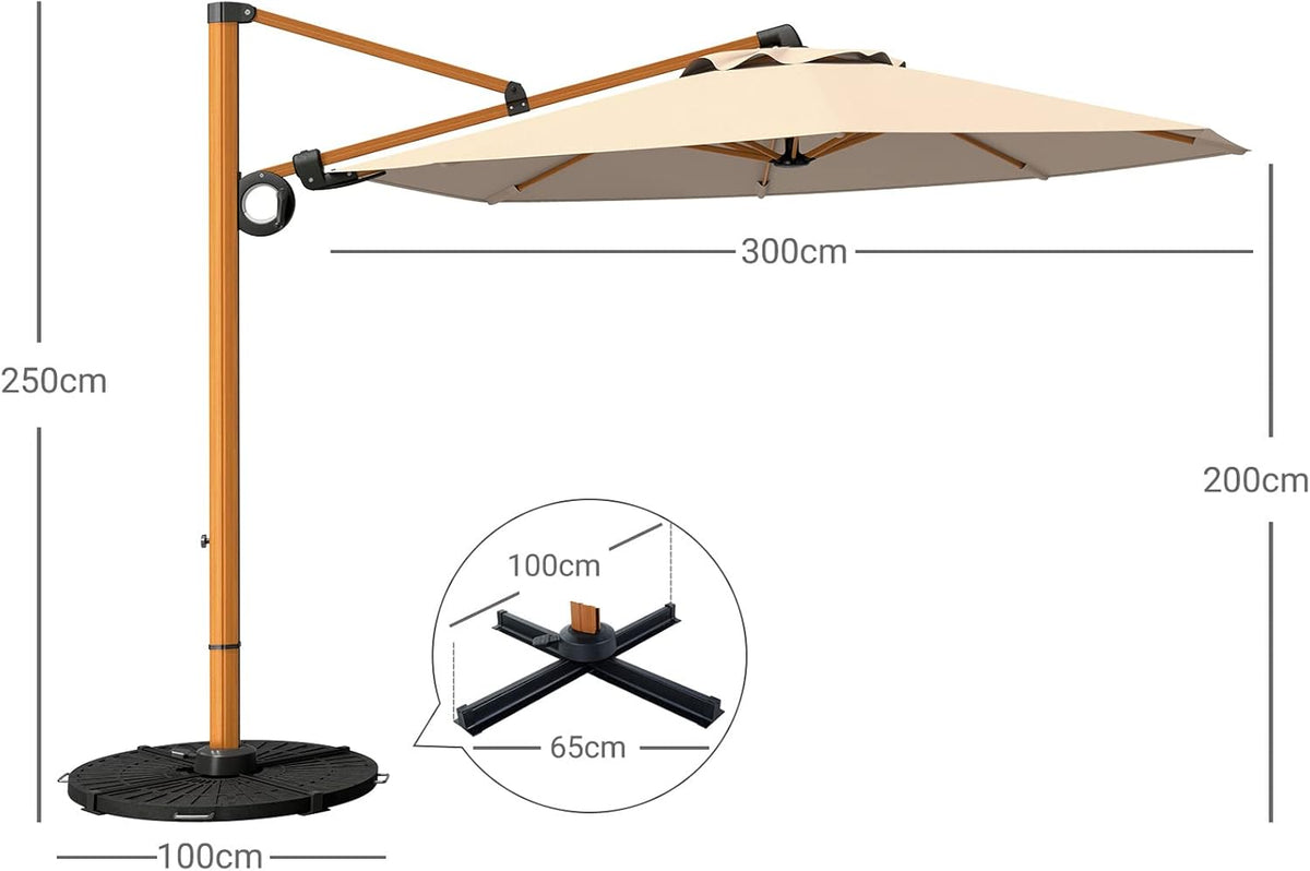 Grand patio Parasol, zonwering, balkon, zweefparasol, 300 cm, met zwengel, winddicht, voor terras, tuin, strand, uv-bescherming 50+, champagne, rond