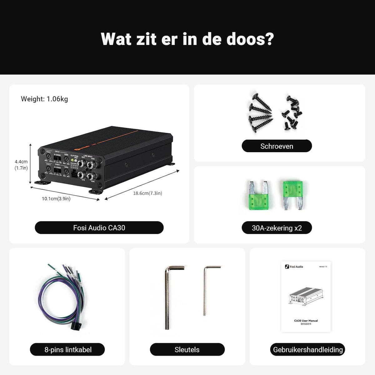 Fosi Audio CA30 4-kanaals Auto-versterker Klasse D, Onafhankelijke Crossover RCA/Hoog Niveau-ingang, 88% Efficiëntie 100Wx4 bij 4Ω/320W Gebrugd, met Lage Ruis voor Stereogeluidssysteem in Voertuigen