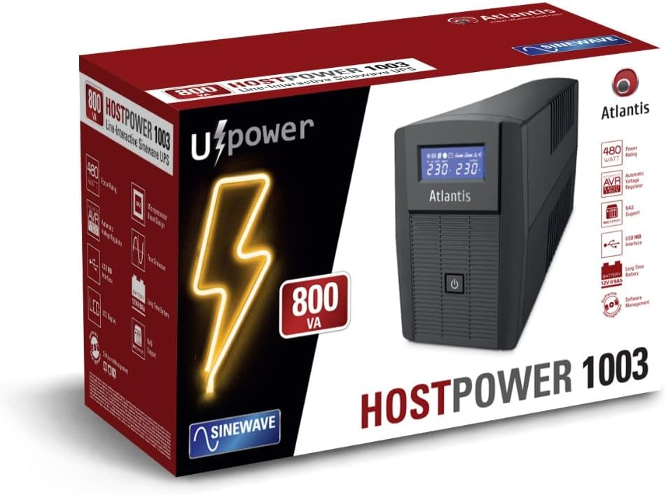 Atlantis A03-HP1003 Ononderbroken stroomvoorziening, zuivere sinusgolf, 800 VA 480 W Line Interactive, LCD-display, USB-HID-aansluiting, 2 Shuko-uitgangen + Alim-kabel, 1 accu 12 V-9 Ah,