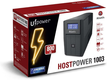 Atlantis A03-HP1003 Ononderbroken stroomvoorziening, zuivere sinusgolf, 800 VA 480 W Line Interactive, LCD-display, USB-HID-aansluiting, 2 Shuko-uitgangen + Alim-kabel, 1 accu 12 V-9 Ah,