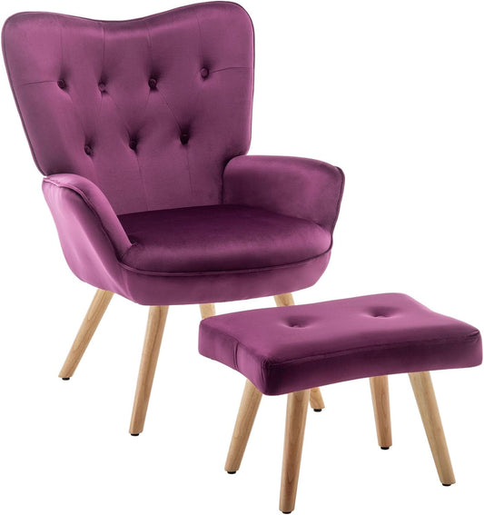 HollyHOME Fauteuil met Voetenbank Comfortabele Fauteuil Woonkamer Fluwelen Leesstoel Slaapkamer Accentstoelen Loungestoelen, Paars