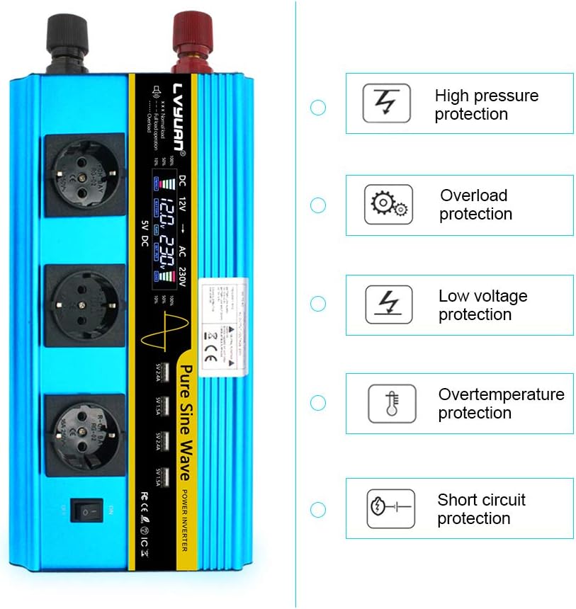 Pure Sine Wave Inverter Power Inverter 2500W / 5000W DC 12V naar AC 230V / 240V converter met LCD-display 3 EU-uitgangen & 4 USB-poortinverter voor auto Caravan RV kampeerboot