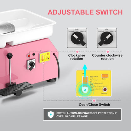 Pottenbakkersschijf – Keramiek Draaischijf – Boetseerschijf – Klei Draaitafel – Elektrische Pottenbakmachine – Roze – 25 cm Diameter – 350W Met Voetpedaal