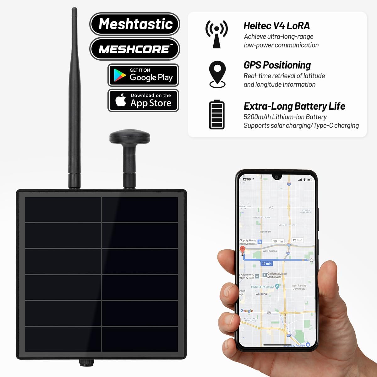 KEEPTEEN D5L Mesh Core Solar LoRa Kits, Mesh Tracker Node Repeater, 5 W zonnepaneel Bult in Heltec ESP32 V4 Lora Modules Board met Mushroom GPS/868MHz antenna WiFi Bluetooth 5200mAh batterij