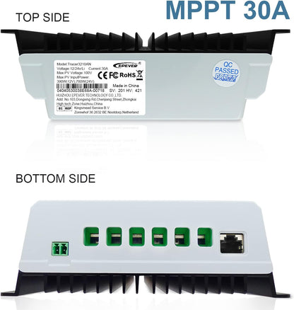 EPEVER MPPT Tracer3210AN laadregelaar, 30 A, afstandsbediening, MT50 hRTS temperatuursensor 12 V/24 V, auto voor zonnepaneel, batterijcontrolesysteem (30A+MT50+RTS)