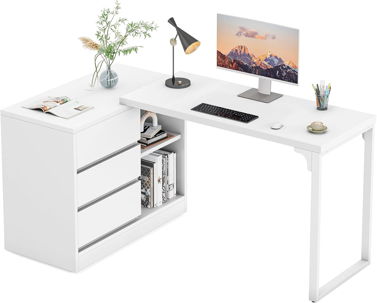 Tribesigns Desk, L Shaped Computer Table with Drawers and Shelves, Reversible White Corner Desk with Storage Cabinet, Modern Work Table for Home Office, Bedroom