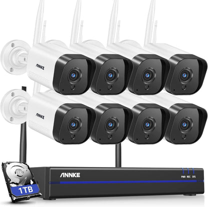 ANNKE 3MP draadloze bewakingsset, wifi, 8 CH, 5 MP, NVR met 1 TB harde schijf, 8 IP-bewakingscamera's, 30 m IR nachtzicht, audio-opname voor buiten