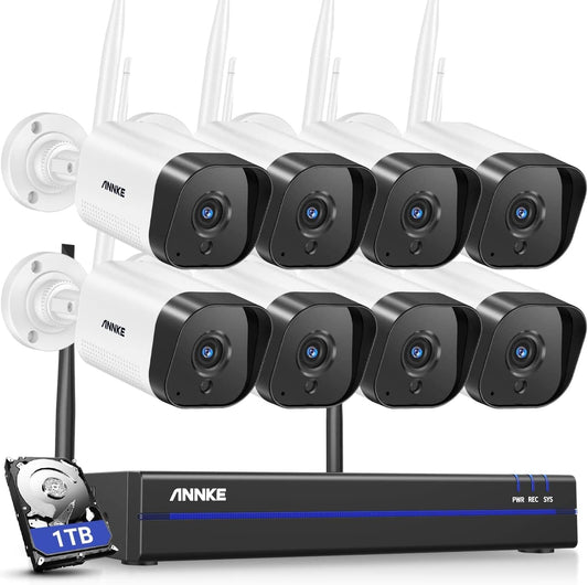 ANNKE 3MP draadloze bewakingsset, wifi, 8 CH, 5 MP, NVR met 1 TB harde schijf, 8 IP-bewakingscamera's, 30 m IR nachtzicht, audio-opname voor buiten