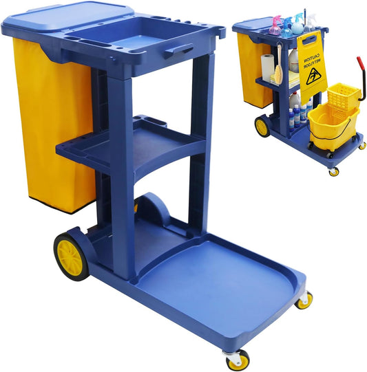 Reinigingwagen met deksel, schoonmaakwagen op wielen, schoonmaakwagen met grote capaciteit en Oxford-tas, schoonmaak- en hygiënewagen voor kantoor, winkelcentrum, restaurant, hotel