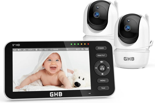 GHB Babyfoon met 2 camera's 5 inch 720P HD-display met tot 168 uur batterijduur in VOX-slaapmodus, tweerichtingscommunicatie, nachtzicht en temperatuurweergave