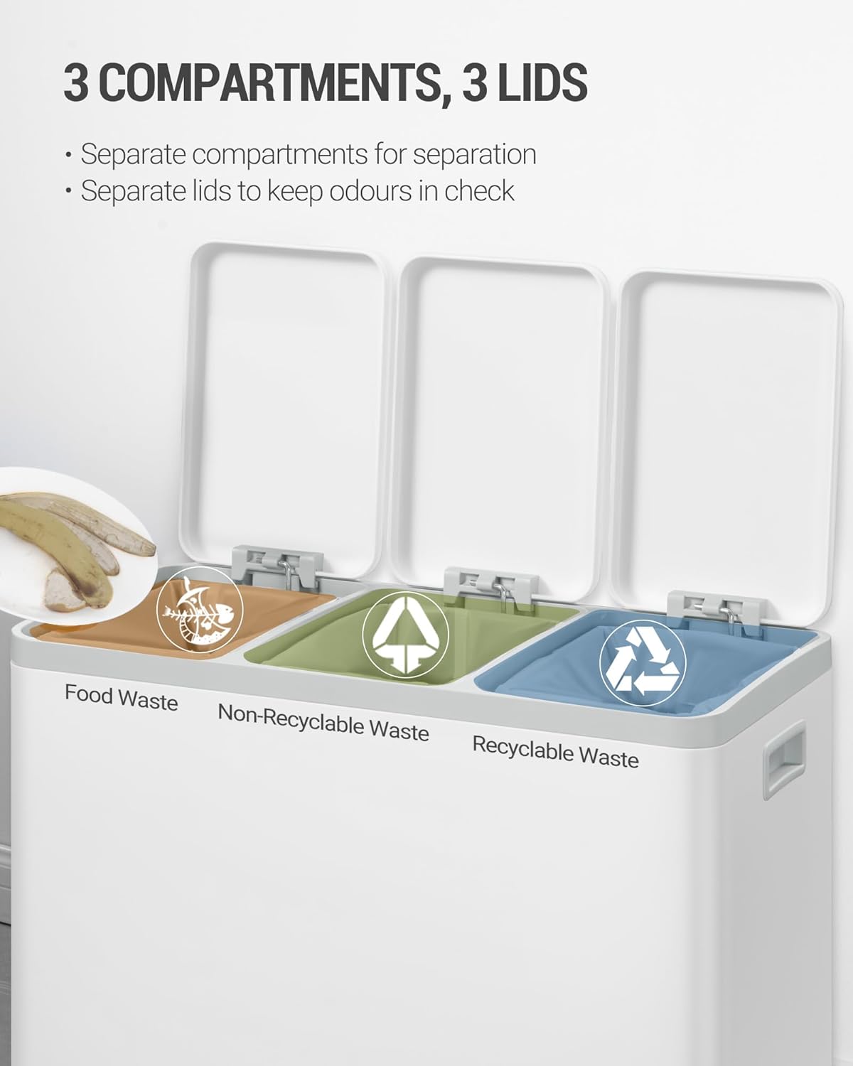 Hzuaneri Garbage Separation System for Kitchen, 3 Compartments, 45 L (3 x 15 L), Stainless Steel Kitchen Waste Bin, Pedal Bin with Colour-Codable Pedals, Waste Bin, Quiet Slow Descent, White