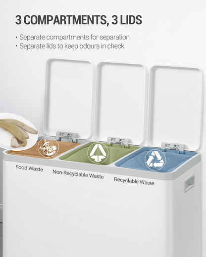 Hzuaneri Garbage Separation System for Kitchen, 3 Compartments, 45 L (3 x 15 L), Stainless Steel Kitchen Waste Bin, Pedal Bin with Colour-Codable Pedals, Waste Bin, Quiet Slow Descent, White