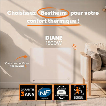 BESTHERM - 1500 W plug & play keramische droge inertie vaste elektrische radiator met Bestherm DIANE aanwezigheidsmelder horizontaal wit