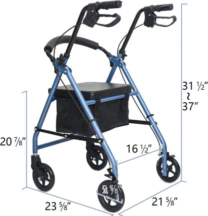 Opvouwbare rollator met gevoerde zitting, afsluitbare remmen, in hoogte verstelbare handgreep, 4 wielen