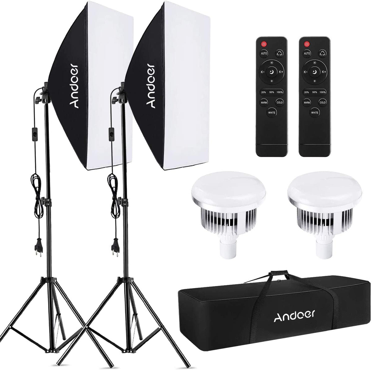 Softbox Set – Fotosoftbox, Fotostudio Kit, Studio Verlichting, Continue Verlichting – 2 Sets Met 50 X 70 Cm Softboxen – Dimbare Tweekleurige LED-Lampen 85 W – Verstelbare Statieven Tot 200 Cm