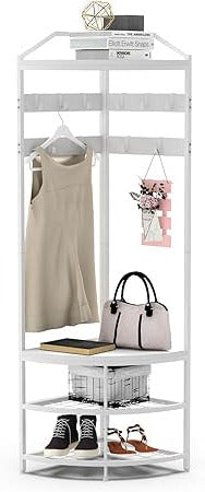 VEDECASA Coat Rack Metal Corner Wardrobe, Hallway Tree, Freestanding Clothes Stand with 12 Movable Hooks and Storage Rack for Hallway, Living Room, Bedroom, Office, Hallway, Entrance, White - QUORE