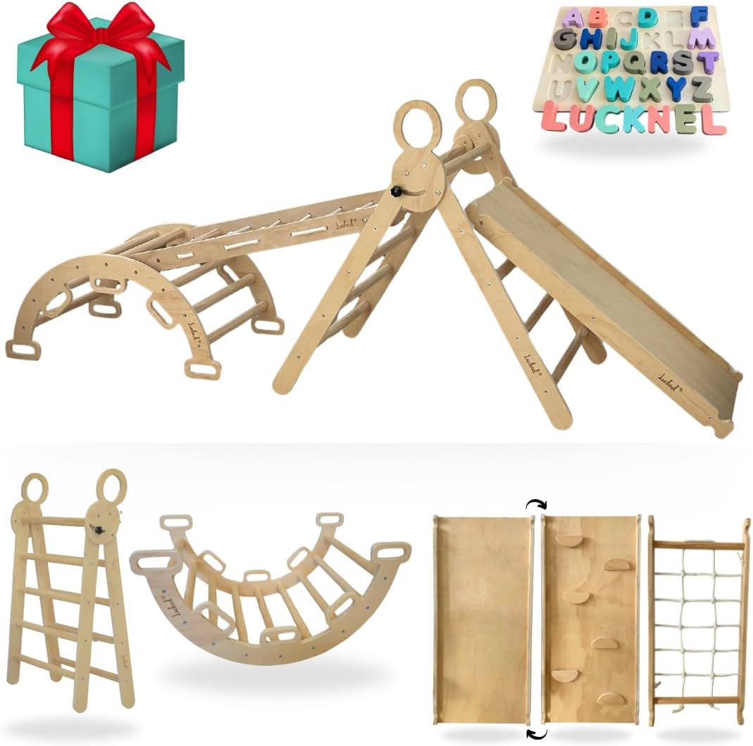 5-in-1 Montessori klimrek binnenshuis set – Pikler driehoek, klimboog, klimnet en indoor glijbaan met dubbelzijdige helling – binnenspeelplaats vanaf 1 jaar, onbehandeld hout