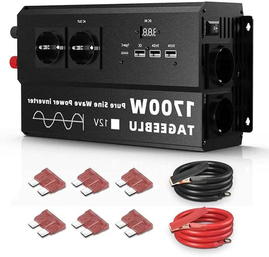 1700W Pure Sine Wave inverter 12v 220v, 4 EU outlets, Type C 30W, Fast charging USB 25W, 3 USB ports, LED display - QUORE