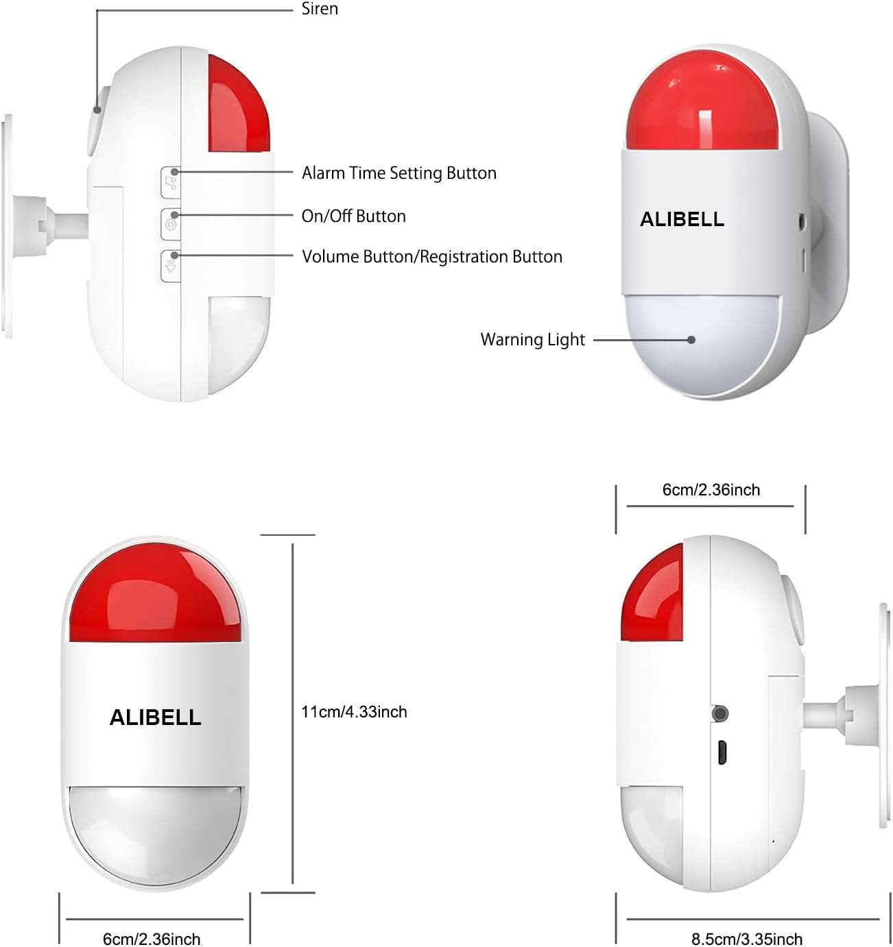 ALIBELL Persoonlijk alarm 120 dB sirene, noodsituatie, veiligheidssysteem voor huis/bedrijf/fabriek, 4 noodoproepknoppen + 2 sirene (werkt op batterijen en Plug-in Netstroomvoorziening)