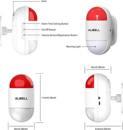 ALIBELL Persoonlijk alarm 120 dB sirene, noodsituatie, veiligheidssysteem voor huis/bedrijf/fabriek, 4 noodoproepknoppen + 2 sirene (werkt op batterijen en Plug-in Netstroomvoorziening)
