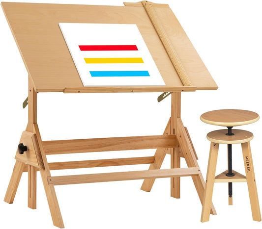 Houten Tekentafel met Kruk – Tekentafel Desk – Tekenbureau – Tekentafelset – Werkplek – Verstelbaar en Kantelbaar – Massief Hout