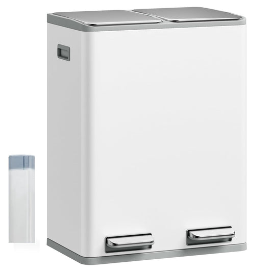 Hzuaneri Kitchen Trash Bin, Waste Separation System, 2 Compartments, 60 L (2 x 30 L), Stainless Steel Kitchen Trash Bin, Pedal Bin, Silent Slow Waste Bag, with 15 Exclusive Waste Bag, White