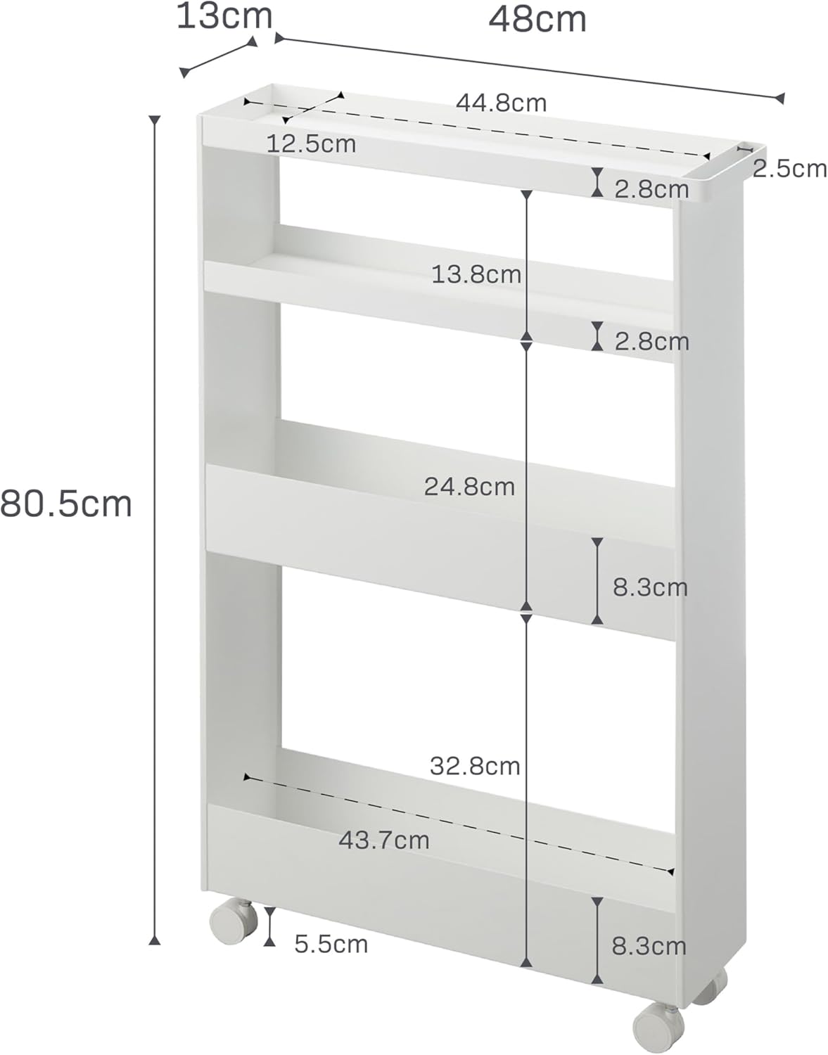 Yamazaki 1806 TOWER Slim 4~Tiered Storage Cart, white, Steel/Nylon, 13 x 48 x 80.5 cm