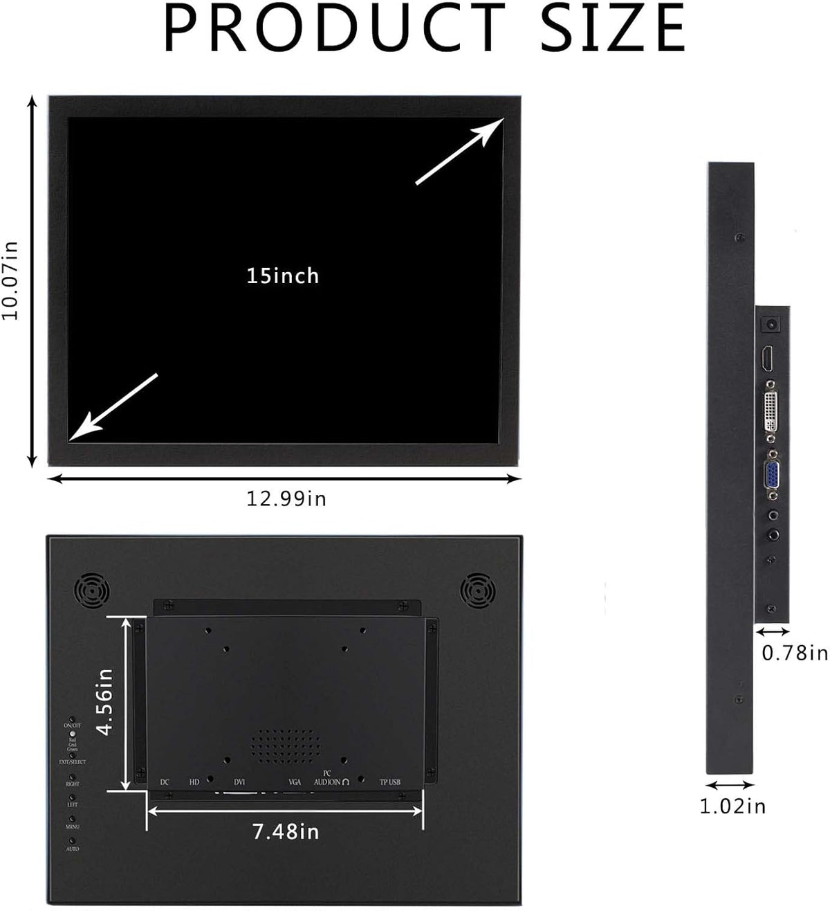 VSDISPLAY Industriële Monitor, 15 duim 1024x768 400nit IPS LCD het Scherm met de Video-ingang van VGA DVI
