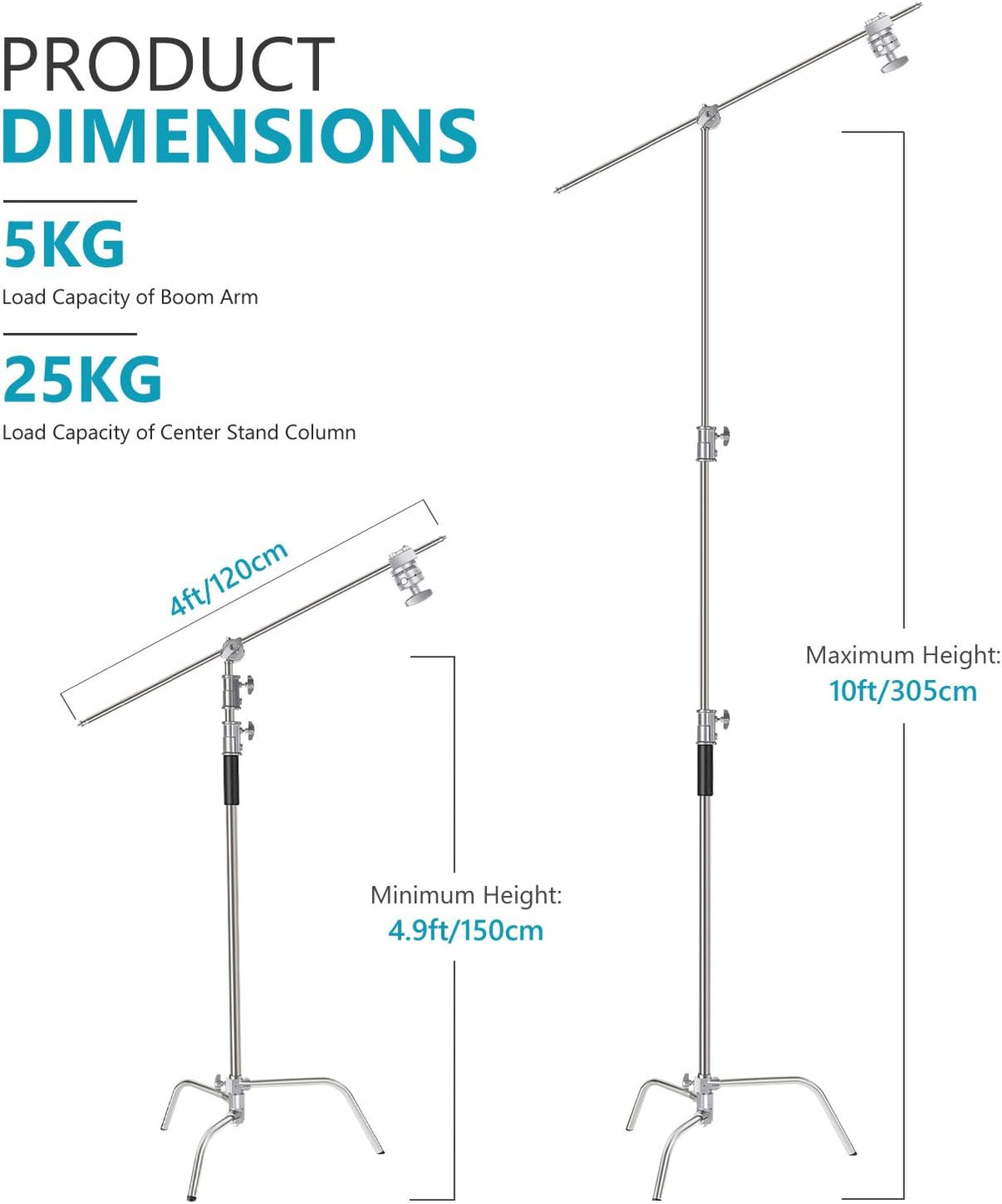 C-standaard – Lichtstandaard – Lichtstatief – Lampstatief – Studiostatief – Met Verlenggiek – Verstelbaar 150-305 cm – Roestvrij Staal