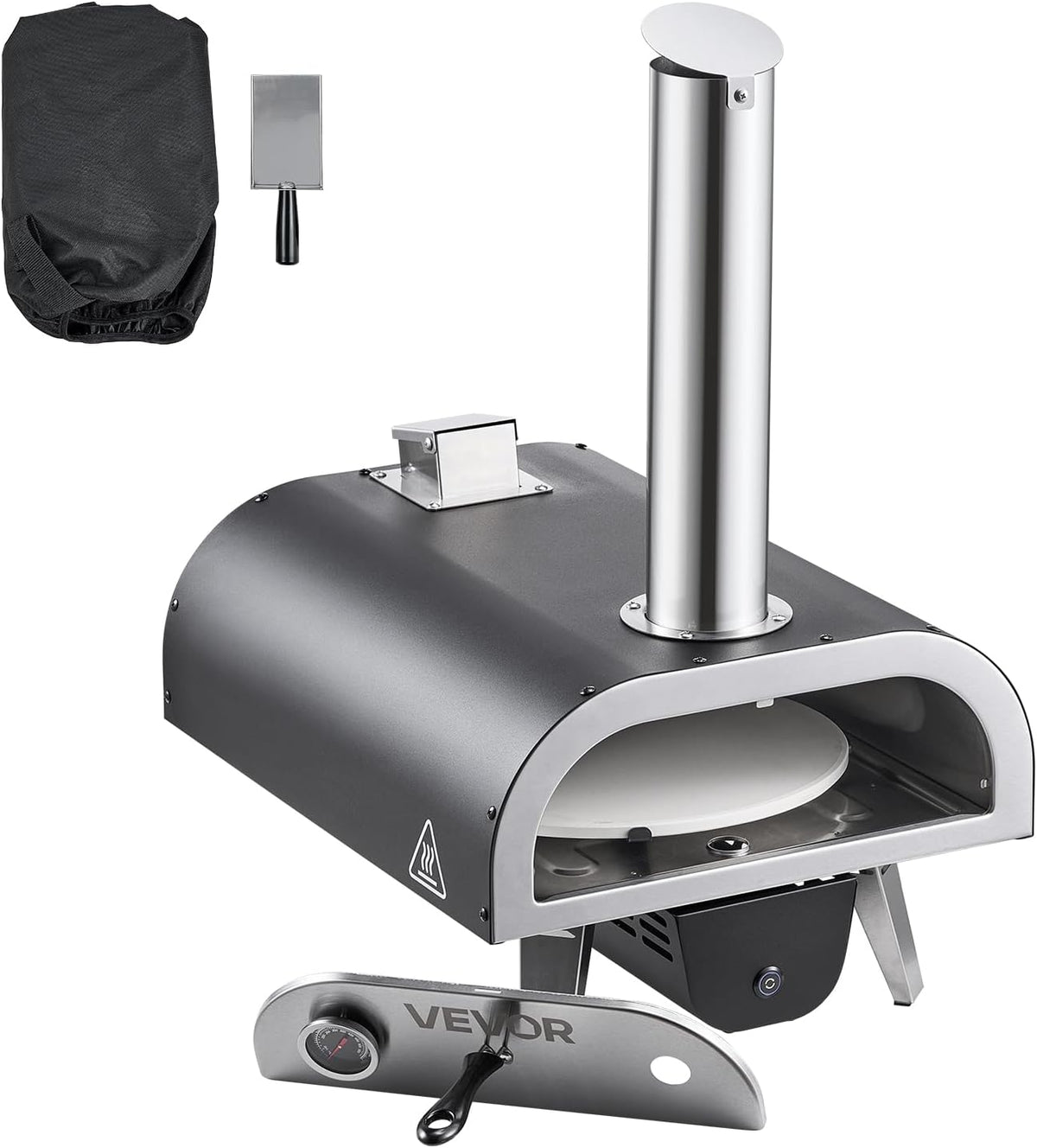 VEVOR Houtgestookte pizzaoven buiten, 30 cm automatisch roterende pizzaovens, draagbare pelletpizzamachine met thermometer en elektrisch roterend systeem, pizzasteen, draagtas en schep voor achtertuin