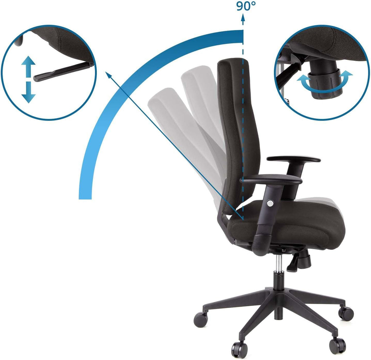 HJH OFFICE 608500 professionele bureaudraaistoel PRO-TEC 300 stof zwart bureaustoel ergonomisch, hoge rugleuning, verstelbare armleuning