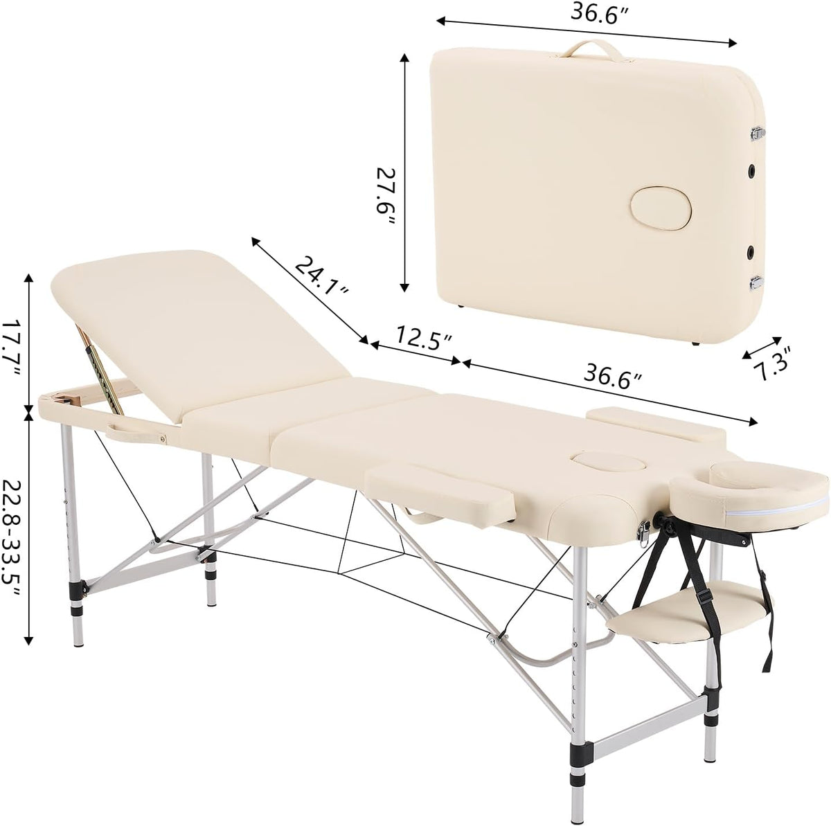 Massagetafel Beige – Behandeltafel – Massagebed – Tattootafel – Cosmetische Tafel – Opvouwbaar, Lichtgewicht Aluminium