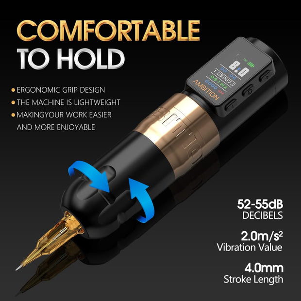 Soldier Max Gold - Tattoo Machine - Tattoo pen - Tattoo Set - Complete set for beginners &amp; advanced - Tattoo Machine Pen - Stroke 4.0mm - 13000Rpm- 12V - 55dB