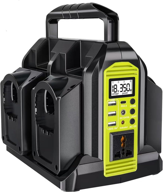 350W 4-poorts zuivere sinusomvormer, DC 18V naar 230V/240V AC-voeding, compatibel met Ryobi 18V lithiumbatterijen (batterij niet inbegrepen) | Draagbare draadloze omvormer voor buiten